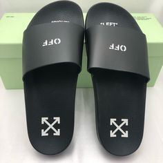 New Off-White Pool Sandals. Flat Heel. Open Toe. Wide Band Upper With Logo Stamp. Slide Style. Molded Footbed. Rubber Sole. Size:40 Fits Size 9 - 9 1/2 Original Box Included White Sandals With Branded Heel Counter, White Flat Heel Sandals With Branded Heel Counter, Modern White Round Toe Slides, Modern White Flat Slides, White Flip Flops With Branded Insole For Spring, Designer White Sandals For Summer, Designer Black Flip Flops For Summer, Designer White Slides For Beach, Designer White Slides For Summer