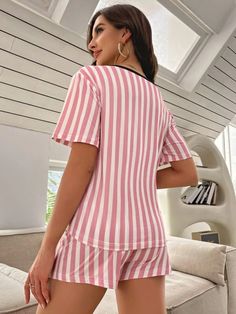 Elevate your style with our Striped And Slogan Graphic Bow Front Shorts Set. Experience comfort and fashion in this 2-piece ensemble, boasting unique striped patterns, short sleeves, and a charming bow detail. Crafted from a knitted fabric blend with a slight stretch, its regular fit and contrast binding ensure a flattering look. Effortlessly amazing, this set is machine washable for your convenience. Redefine casual elegance today! Features: Pattern Type: Striped, Slogan Type: Short Sets Detail Striped Summer Loungewear Sets, Striped Loungewear Sets For Summer, Striped Sets For Summer Loungewear, Striped Sleepwear For Vacation, Striped Short Sleeve Sets For Spring, Striped Cotton Short Sleeve Sleepwear, Casual Striped Short Sleeve Sets, Casual Striped Short Sleepwear, Striped Sets For Spring Loungewear