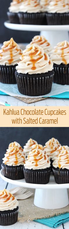 cupcakes with salted caramel frosting on a cake platter for serving