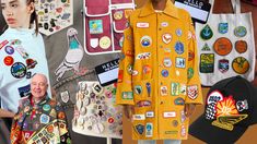 a collage of patches, badges and hats on mannequins