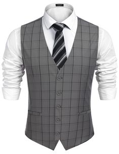 PRICES MAY VARY. Premium Fabric: This mens dress vest is crafted from high-quality, lightweight, smooth fabric; solid and neat stitching; not prone to fading and pilling Classic Design: This mens suit vest features a classic solid color; V-neck; single breasted with five buttons; two side pockets; delicate front stitching; adjustable back belt for accurate fit Clothing Match: This waistcoat vest makes a perfect versatile item that pairs easily with dress shirts, suit jackets, tuxedos, and blazer Fitted Business Vest For Fall, Fitted Gray Vest For Business, Gray Fitted Vest For Business, Gray Tailored Vest For Business, Single Breasted Business Vest For Spring, Fitted Gray Vest With Pockets, Gray Sleeveless Fitted Outerwear, Sleeveless Fitted Gray Outerwear, Fitted Sleeveless Gray Outerwear