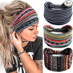 Zoestar Boho Wide Stripe Headbands Black Yoga Head Scarfs Knotted Turban Hair Bands Vintage Stylish Head Wraps Elastic Thick Fashion Hair Accessories for Women and Girls(Pack of 3) (A) : Amazon.co.uk: Beauty Soccer Headbands, Beach Hair Accessories, Boho Bandeau, Bohemian Headband, Aztec Art, Boho Headband, Styl Boho, Wide Headband, Hair Wear