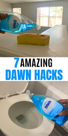 a person is cleaning a toilet with a bottle of water and a sponge on the lid