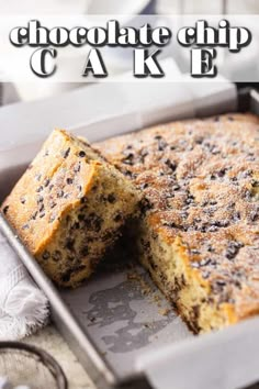 a chocolate chip cake cut in half on a baking pan with the title overlay