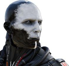 a man with black and white paint on his face, wearing a futuristic suit while holding a pair of scissors to his mouth