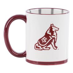 a red and white coffee mug with the logo of a dog sitting on its hind legs