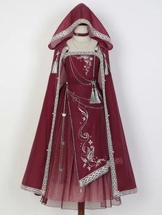 Wine Red Butterfly Embroidery Long Dress + Cloak Set with Chains Pretty Red Outfits, Mystical Dresses Fairytale, Red Fantasy Outfit, Witch Dress Drawing, Red Fantasy Dress, Elven Dresses, Mystical Clothing, Elven Outfit, Red Salamander