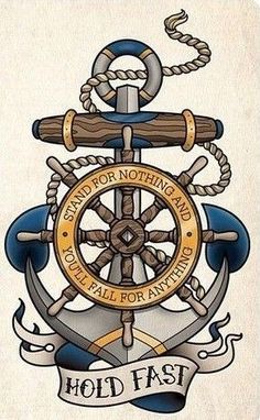 an anchor, steering wheel and banner with the words hold fast