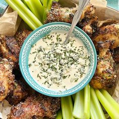 chicken wings with dip and celery sticks