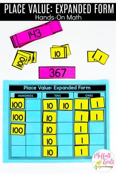 place value expanded form with numbers on each side and the number in pink, yellow and blue