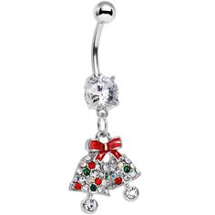 14 Gauge (1.6mm), 7/16" (11mm), 316L Surgical Grade Stainless Steel Curved Barbell, 5mm Ball End Clear Gem Red Bow Ring Ding Ding Christmas Bells Dangle Belly Ring Ring ding ding, those holiday bells are ringing! With a festive red bow, these Christmas bells are the perfect ornament for your belly button. The Christmas bell charm on this 14 gauge belly ring is mounted on a 7/16" curved barbell made with 316L surgical grade stainless steel complete with a clear gem bottom ball. Put these beautifu Belly Piercing Jewelry, Navel Jewelry, Dangle Belly Rings, Christmas Bell, Bow Ring, Belly Piercing, Belly Button Piercing, Navel Rings, Belly Ring