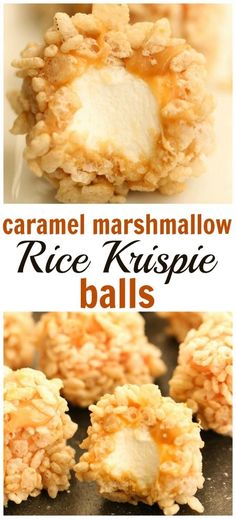 rice krispie balls with caramel marshmallow toppings on top and bottom