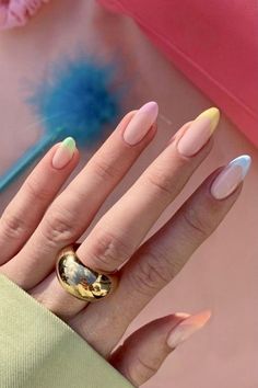 April Nails, French Tip Acrylic Nails, Almond Acrylic Nails, Rainbow Nails, Funky Nails, Pretty Acrylic Nails, Nail Arts, Acrylic Nail Designs