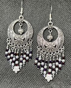 Ornate Chandelier Pendant with Silver Baubles. Purple and Silver Beading. Chandelier Earrings. Silver Chandelier Earrings With Colorful Beads, Festive Silver Beaded Earrings With Dangling Beads, Festive Silver Beaded Dangling Earrings, Silver Beaded Chandelier Earrings For Festive Occasions, Ornate Chandelier, Silver Baubles, Purple And Silver, Chandelier Pendant, Silver Bangles