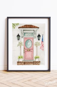 a painting of a pink door with an american flag