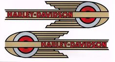 two stickers with the name harley davidson in red and gold on them, one has an arrow