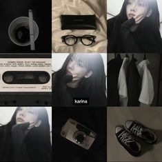 a collage of photos with black and white images, including an old camera, sunglasses, headphones, cell phone, earbuds, and other items