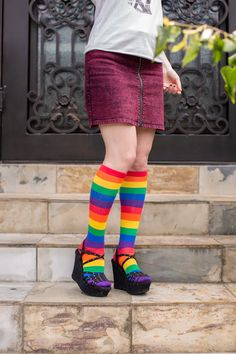 Classic six color rainbow striped knee socks bring a retro vibe to any outfit! These comfy socks have great stretch, so more people can wear them with pride! Multicolor Stretch Knee-high Socks, Stretch Multicolor Knee-high Socks, Retro Multicolor Cotton Socks, Multicolor Thigh High Casual Socks, Multicolor Casual Thigh-high Socks, Casual Multicolor Thigh High Socks, Casual Multicolor Stretch Knee-high Socks, Stretchy Multicolor Trendy Knee-high Socks, Trendy Multicolor Stretch Knee-high Socks