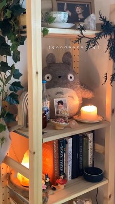 a teddy bear sitting on top of a book shelf next to a candle and some books