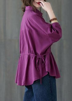 Women Purple Loose Button tie waist Fall Shirt Long sleeveFabric: Cotton BlendedSize & Fit: Fit: This garment fits true to size.Length: Size 5XL measures 28.47"from shoulder to hemBust: Great for any cup size. Waist: Loose Fit. Comfortable room throughout midsection.Hip: Loose Fit - room for hips. Hand Wash Cold. Comfortable Room, Fall Shirt, Shirt Long Sleeve, Cup Size, Fall Shirts, Nike Outfits, Mens Polo Shirts, Black Print, Half Sleeves