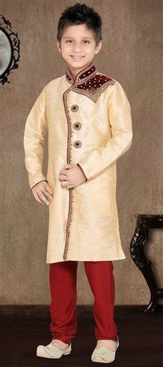 200869: Gold color Boys Sherwani in Art Dupion Silk fabric with Patch, Stone, Zardozi work Boys Sherwani, Kids Kurta Pajama, Kids Indian Wear, Kids Wear Boys, Kids Kurta, Kids Dress Collection, Mens Sherwani, Boys Kurta, Kids Lehenga