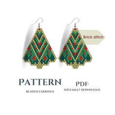 a pair of beaded christmas tree earrings on a white background with the pattern in red, green and blue