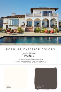 #Exteriorcolroscheme #exteriorpaint #exteriorinspo #exteriorhome #exteriorcolors #myDEcolor #DunnEdwardsPaints #DEcolortrends #dunnedwards #popularcolors #designercolors #curatedcolors  #whisper #dew340 #dec756 #weatheredbrown Terracota Roof House Exterior Colors, Color Block House Exterior, Spanish House Exterior Paint, Dunn Edwards Exterior Paint Colors, Home Color Exterior, Spanish Revival Exterior, Spanish House Exterior