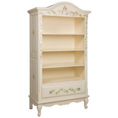 a white bookcase with flowers painted on the front and bottom, sitting against a white background