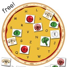 a pizza with different letters and numbers on the top, in front of it is a free printable game for kids to play