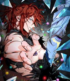 an anime character with red hair and blue eyes pointing his finger at another character in the background