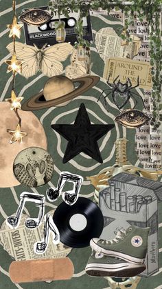 a collage of various items including shoes, hats and other things