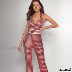 Olivia Mark - Chic Sequin Jumpsuit with Waist Belt for Parties and Casual Wear Glamorous Pink Sleeveless Jumpsuits And Rompers, Fitted Halter Neck Jumpsuits And Rompers For Party Season, Fitted Halter Neck Jumpsuit For Party Season, Pink Halter Neck Bodysuit For Party, Pink Fitted Halter Neck Jumpsuit Or Romper, Pink Fitted Halter Neck Jumpsuit, Pink Halter Neck Party Bodysuit, Pink Halter Neck Jumpsuit For Party, Glamorous Fitted Halter Neck Jumpsuits And Rompers