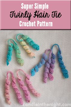 four crocheted umbrellas with the words, super simple funky yarn tie crochet pattern