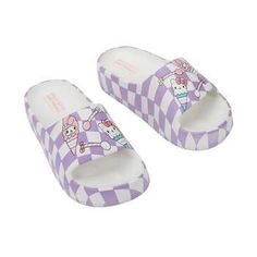 Hello Kitty Character Toss Floral And Cloud Art Women's Slides-Large Spring Playful Synthetic Slides, Playful Synthetic Slides For Spring, Cute Synthetic Flat Slides, Cute Spring Slides, Cute Spring Slip-on Slides, Cute Slip-on Slides For Spring, Playful Synthetic Slip-on Slides, Fun White Summer Slides, White Summer Slides With Fun Style