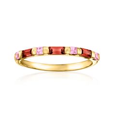 Ross-Simons - .40ct t. w. Garnet, .20ct t. w. Pink Sapphire Ring in 14kt Yellow Gold. Size 9. A warm mix of .40 ct. t. w. baguette garnets and .20 ct. t. w. square pink sapphire gems alternate in this chic 14kt yellow gold ring. At 1/16" wide, it's lovely worn solo or stacked. Garnet and pink sapphire ring. Garnet birthstones are the perfect gift for January birthdays. Garnet Birthstone, Pink Sapphire Ring, Garnet Stone, Sapphire Stone, Garnet Rings, Yellow Gold Ring, Red Stone, Pink Stone, Pink Sapphire