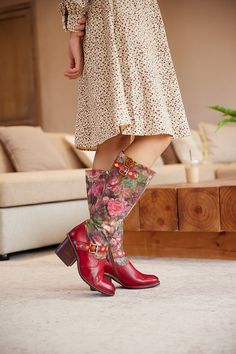 Step into elegance with our Soffia knee high boots. Crafted with luxurious wide calf leather, these Maude floral boots are the perfect blend of style and comfort. Featuring a unique floral design, they will elevate any outfit and make you stand out from the crowd. 2.75'' heel 14.7'' shaft 17.6'' circumference Side zip Spring Leather Knee-length Boots, Leather Knee-length Boots For Spring, Spring Knee-length Leather Boots, Knee-length Leather Spring Boots, Bohemian Mid-calf Boots For Fall, Spring Leather Boots With Floral Print, Leather Boots With Floral Print For Spring, Unique Floral Design, Floral Boots