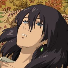 an anime character with long black hair and blue eyes