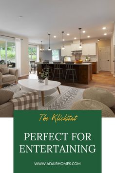 a living room filled with furniture and a kitchen in the background text reads, the kitchen perfect for entertaining