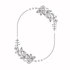 an oval frame with flowers and leaves in the center on a white background, hand drawn