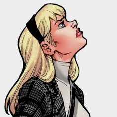 a drawing of a woman with blonde hair looking up to the sky and wearing a black jacket