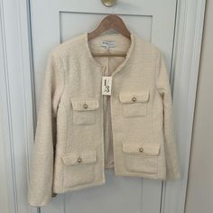 New With Tags, Never Worn. I Bought This And Never Had A Chance To Wear It. It's A Beautiful Tweed Jacket. Perfect For Work Or With Jeans. 1/3 Was A Company That Specialized In Women's Jackets. Very Well Made. Fully Lined, Beautiful Buttons. Includes A Spare Button. This Is Chanel Quality And Look For Less. Fits Like A 10 Cream Tweed Outerwear For Fall, Fall Cream Tweed Outerwear, Cream Long Sleeve Tweed Outerwear, Cream Tweed Long Sleeve Outerwear, Casual Cream Tweed Jacket For Winter, Cream Tweed Winter Outerwear, Cream Tweed Outerwear For Winter, Winter Cream Tweed Blazer, Casual Cream Tweed Jacket For Work