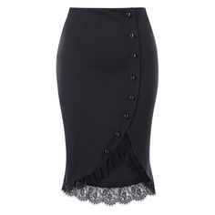 Button Up Plus Size Lace Trim Midi Skirt - Black - 3F45965213 - Original Design-Women's Clothing  #OriginalDesignWomensClothing #Original #DesignWomen's #Clothing Ladies Skirts, Cheap Fashion Outfits, Mid Calf Skirt, Cheap Skirts, Calf Length Skirts, Fashion Dresses Casual, Bodycon Fashion, Black Midi Skirt, Asymmetrical Skirt