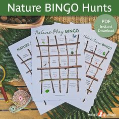 three printable nature bingo hunt cards on top of a table with plants and other items