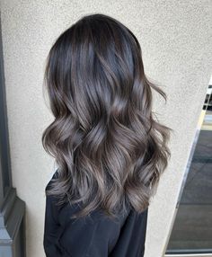 Ashy Brown Hair Fair Skin, Ash Dimensional Brunette, Dark With Ash Highlights, Black Ashy Balayage, Dark Ashy Brown Hair With Highlights, Dark Hair Balayage Straight, Smokey Brunette Hair Balayage, Cool Toned Balayage On Dark Hair, Dimensional Brunette Ashy