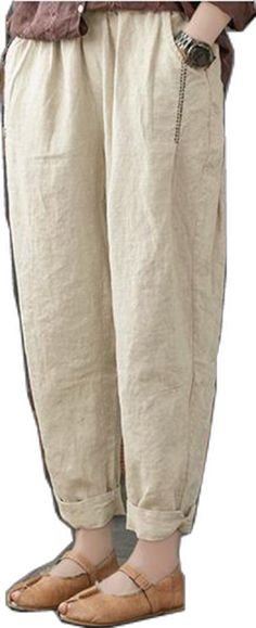 Casual Loose Pants with Pockets Beige Long Harem Pants With Pockets, Beige Long Pants With Side Pockets, Casual Beige Capris Trousers, Beige Bottoms With Pockets And Loosely Fitted Hips, Beige Harem Pants With Relaxed Straight Leg Fit, Beige Baggy Long Pants, Beige Straight Leg Relaxed Fit Harem Pants, Beige Baggy Straight Pants, Beige Trousers With Side Pockets