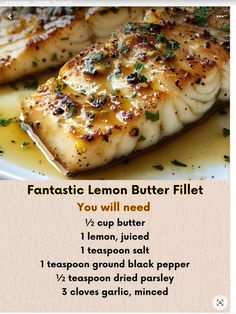 a plate with some fish on it and the words fantastic lemon butter fillet you will need