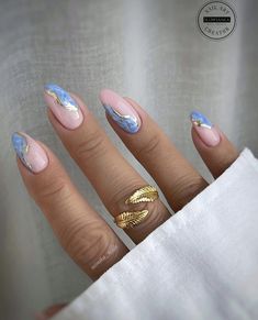 Blue Gold Nails, Light Blue Nails, Baby Blue Nails, Tropical Nails, Summery Nails, Girly Acrylic Nails, Casual Nails, Short Square Acrylic Nails