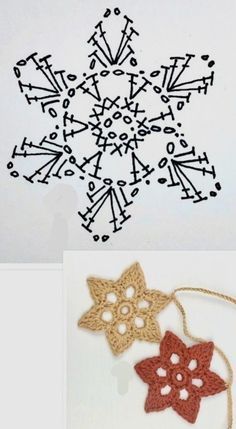 two crocheted snowflakes are shown next to each other and one has an ornament on it