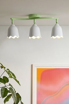 three lights are hanging from the ceiling above a table with a potted plant on it