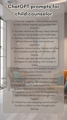 Discover innovative ChatGPT prompts tailored for counselors working with children, from imaginative storytelling ideas to art therapy activities. Enhance your therapy sessions with mindfulness exercises, coping skills strategies, and social skills prompts designed to support kids' emotional well-being. Explore these engaging prompts to help children express and manage their emotions effectively. #childcounseling #playtherapy #mindfulnessforkids #arttherapyideas #emotionalwellbeing" Social Skills Counseling Activities, Basic Counseling Skills, Children Therapy Activities, Virtual Therapy Activities For Kids, Telehealth Therapy Activities For Kids, Social Skills Activities For Kids, Teen Therapy Activities, Social Work Interventions, Child Therapy Activities